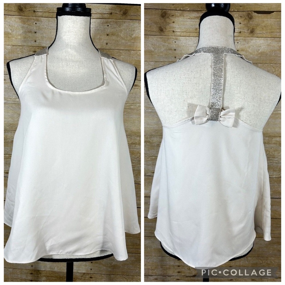 Lauren Conrad Womens Beaded T Back w/Bow Tank Top Size XS Cream Pink Tint